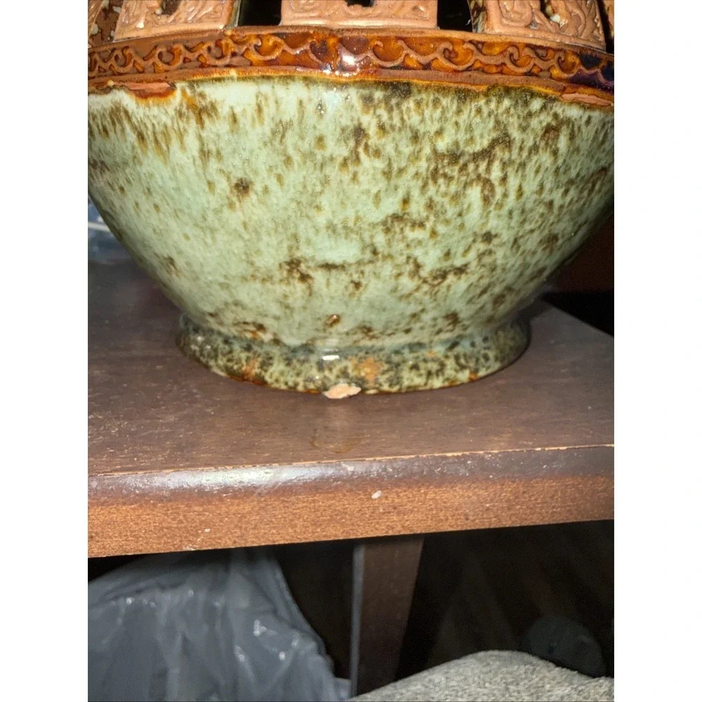 VTG Art Pottery Green Brown Glaze Signed Marked Numbered Planter Bowl Vase